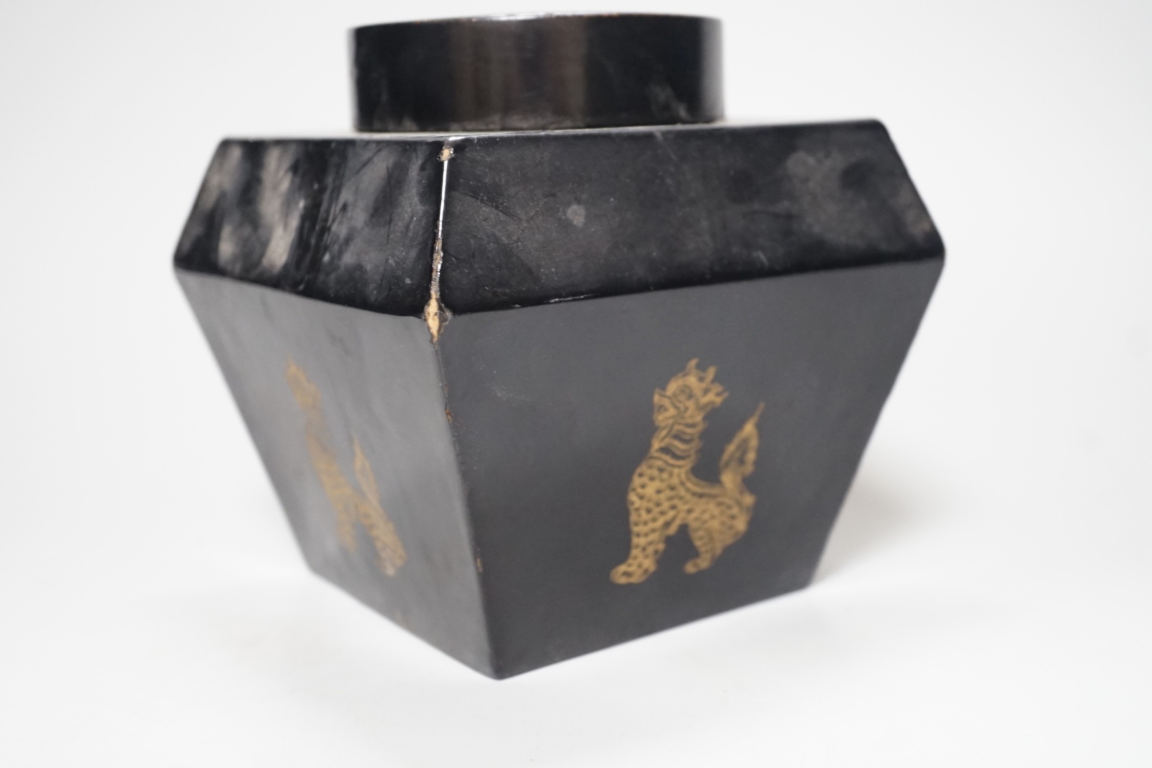 A pair of 19th century face fans, 36cm high, and a black lacquer tea caddy